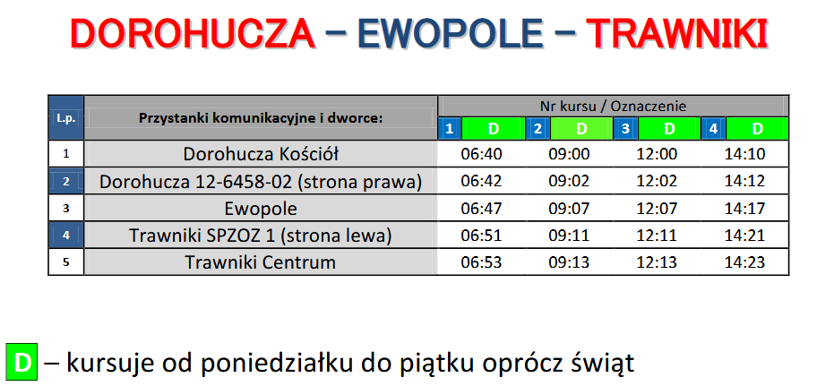 Obraz przedstawia rozkład jazdy komunikacji gminnej na trasie: Dorohucza - Trawniki. Rozkład dostępny w pliku załączonym poniżej