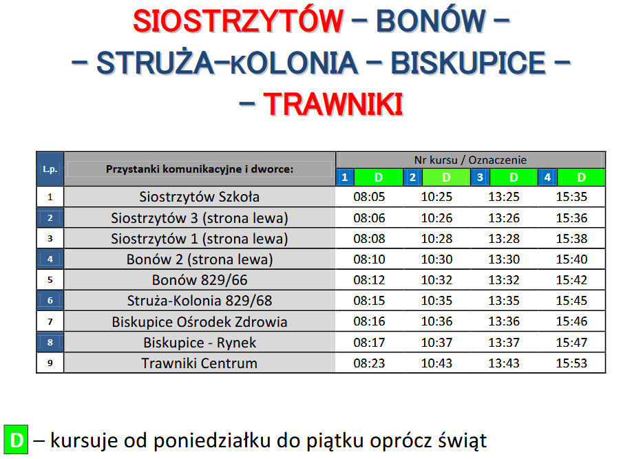 Obraz przedstawia rozkład jazdy komunikacji gminnej na trasie: Siostrzytów - Trawniki. Rozkład dostępny w pliku załączonym poniżej