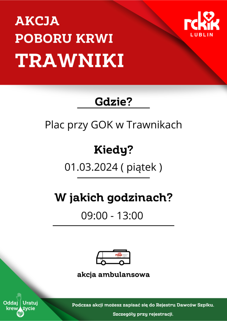 Obraz przedstawia plakat promujący akcję poboru krwi która odbędzie się na placu przy GOK w Trawnikach, dnia 01.03.2024 w godzinach 09:00-13:00