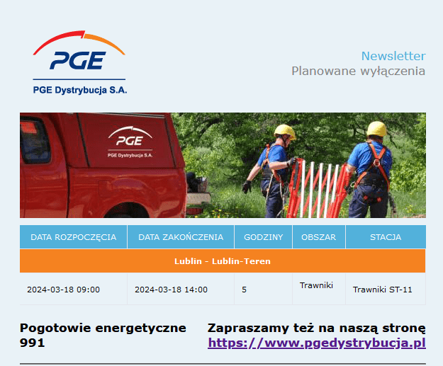 Obraz przedstawia komunikat od PGE Dystrybucja S.A. dotyczący planowanych wyłączeń prądu na stacji: Trawniki ST-11 w dniu 18.03.2024 od godziny 09:00 do 14:00 