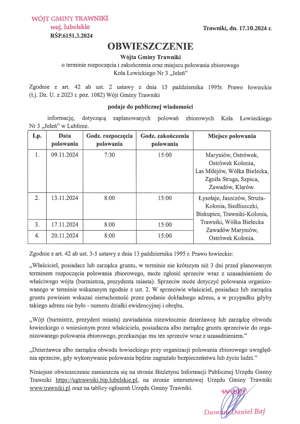 Obwieszczenie Wójta Gminy Trawniki o terminie rozpoczęcia i zakończenia oraz miejscu polowania zbiorowego Koła Łowickiego nr 3 „Jeleń”