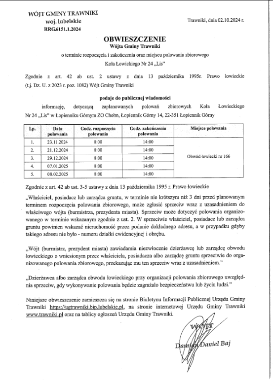 Obwieszczenie Wójta Gminy Trawniki o terminie rozpoczęcia i zakończenia oraz miejscu polowania zbiorowego Koła Łowickiego nr 24 „Lis”