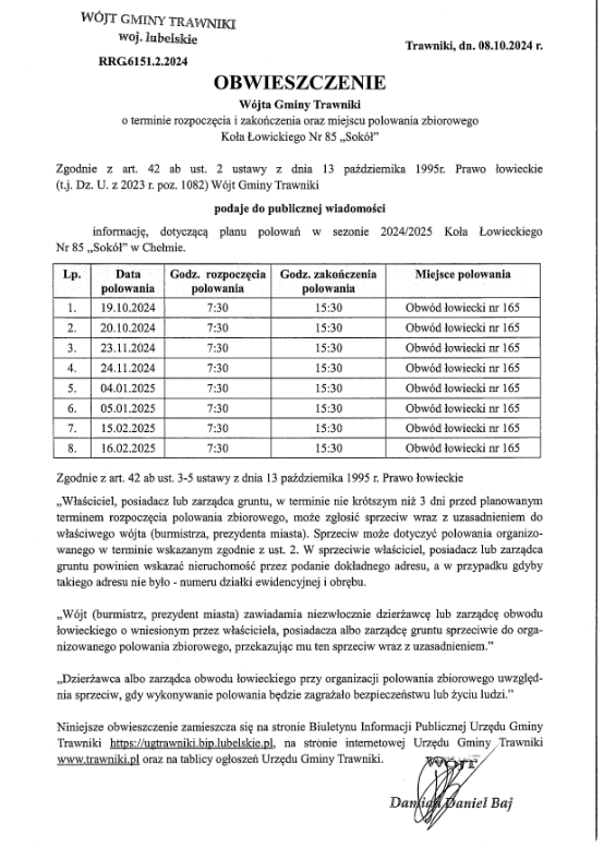 Obwieszenie Wójta Gminy Trawniki o terminie rozpoczęcia i zakończenia oraz miejscu polowania zbiorowego Kóła Łowickiego Nr 85 "Sokół"