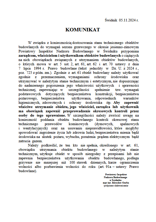 Obraz przedstawia komunikat Powiatowego Inspektora Nadzoru Budowlanego w Świdniku. (Dostępny do podglądy w pdf)