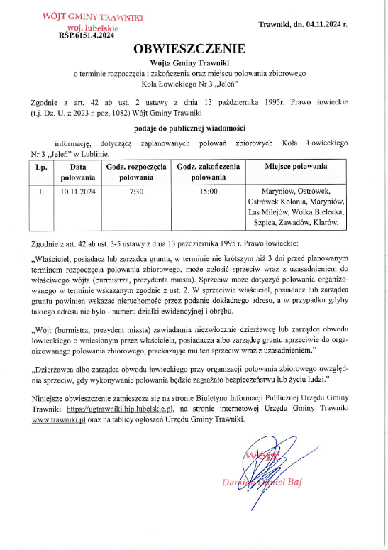 Obwieszczenie Wójta Gminy Trawniki o terminie rozpoczęcia i zakończenia oraz miejscu polowania zbiorowego Koła Łowieckiego Nr 3 "Jeleń"