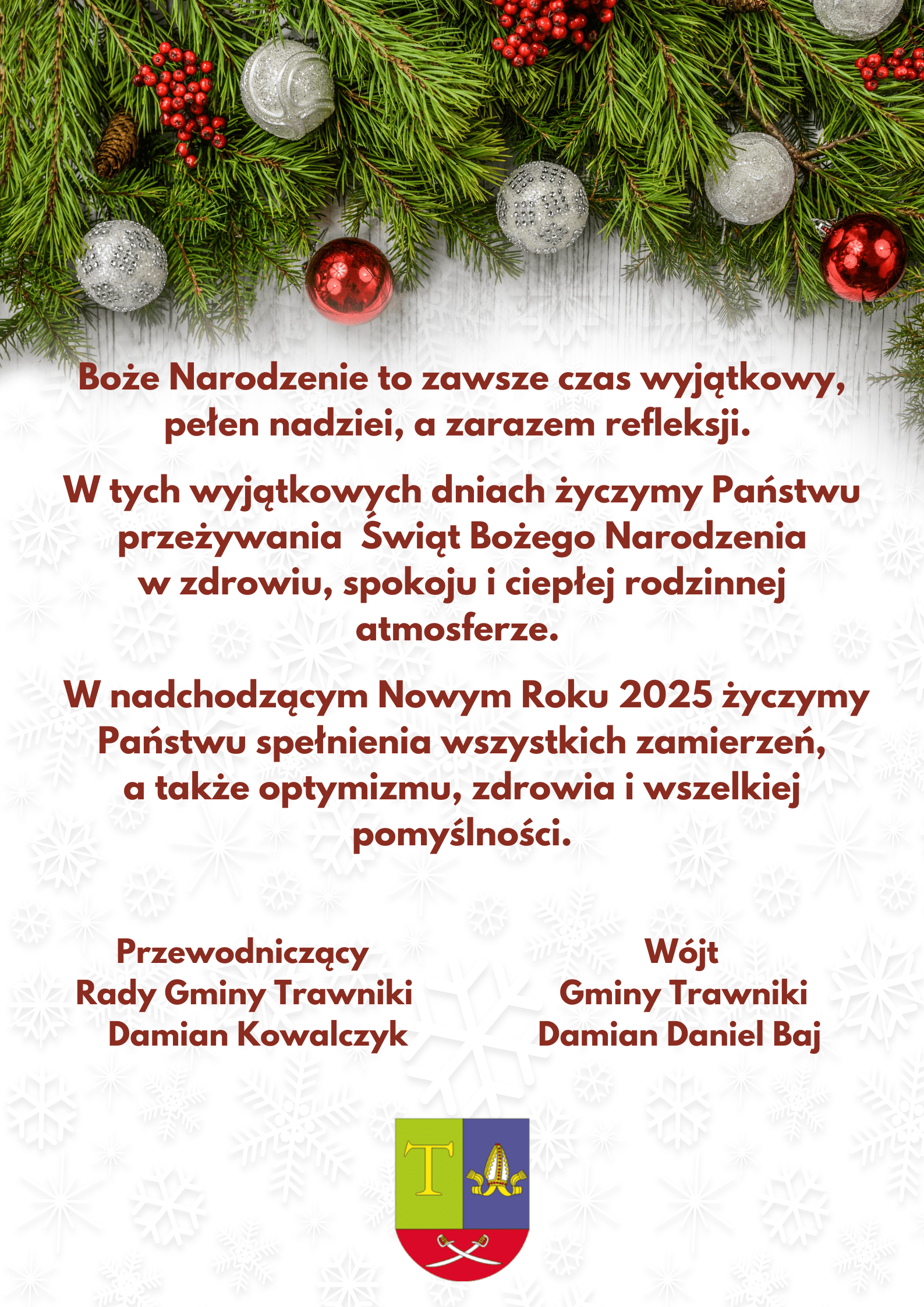 Obraz przedstawia życzenia na Święta Bożego Narodzenia oraz 2025 rok