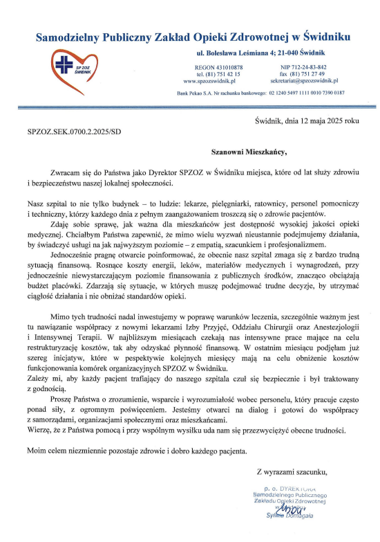 Pismo Dyrekcji SPZOZ w Świdniku
