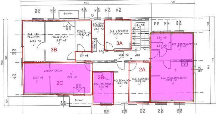 Obraz przedstawia plan budynku budynku pod adresem Trawniki 630, 21-044 Trawniki (dawny ośrodek zdrowia) gdzie dostępne są lokale do wynajęcia