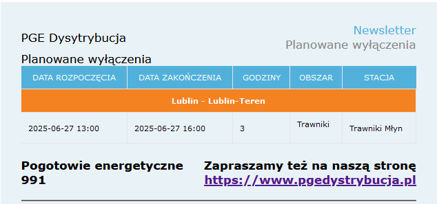 PGE Dystrybucja
Planowane wyłączenia
Data rozpoczęcia: 27.06.2025 13:00
Data zakończenia: 27.06.2025 16:00
Godziny: 3
Obszar: Trawniki
Stacja: Trawniki Młyn