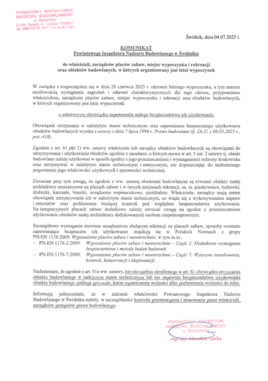 Komunikat Powiatowego Inspektora Nadzoru Budowlanego w Świdniku do właścicieli, zarządców placów zabaw, miejsc wypoczynku i rekreacji oraz obiektów budowlanych, w których organizowany jest letni wypoczynek