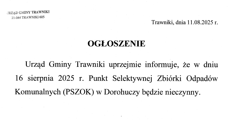 Informacja dotycząca godzin pracy Punktu Selektywnej Zbiórki Odpadów Komunalnych (PSZOK) w Dorohuczy w dniu 16 sierpnia 2025 r.