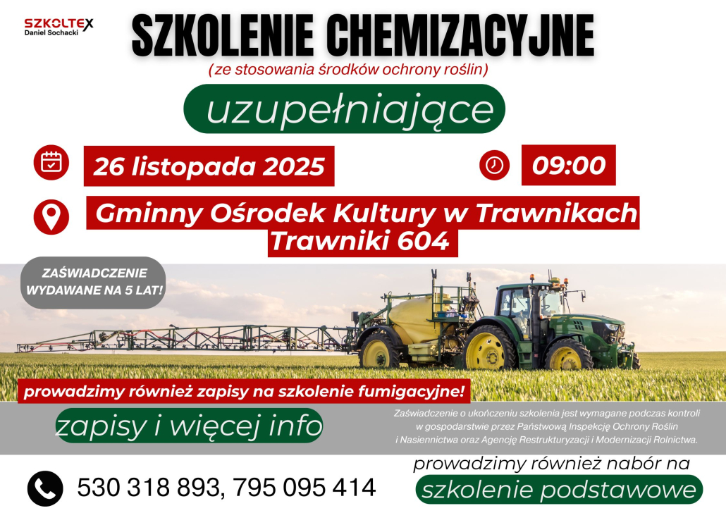 Szkolenie chemizacyjne (ze stosowania środków ochrony roślin) dla mieszkańców gminy Trawniki
