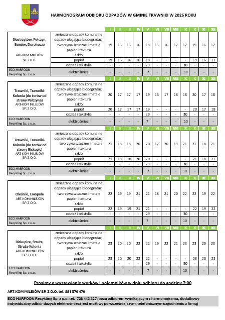 HARMONOGRAM ODBIORU ODPADÓW W GMINIE TRAWNIKI W 2026 ROKU