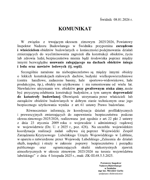 Komunikat Powiatowego Inspektora Nadzoru Budowlanego w Świdniku