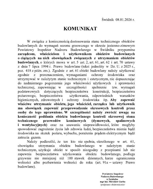 Komunikat Powiatowego Inspektora Nadzoru Budowlanego w Świdniku