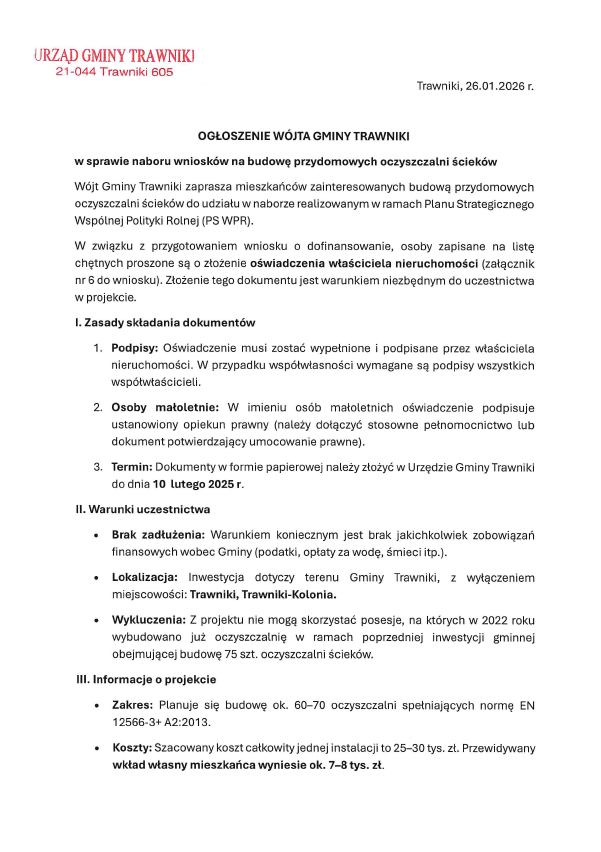 Ogłoszenie w sprawie naboru wniosków na budowę przydomowych oczyszczalni ścieków