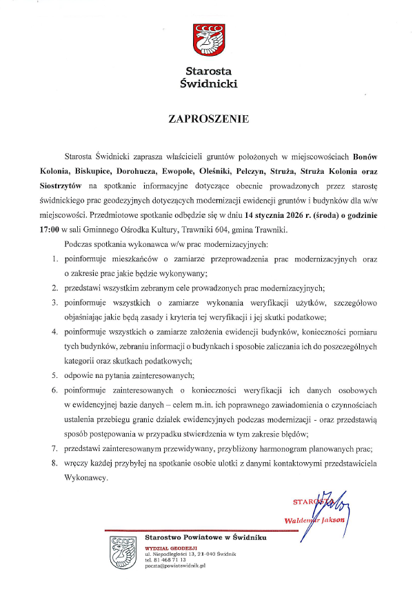 Starosta Świdnicki zaprasza na spotkanie informacyjne dotyczące obecnie prowadzonych przez starostę świdnickiego prac geodezyjnych dotyczących modernizacji ewidencji gruntów i budynków