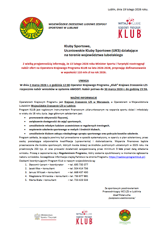 Rozpoczęcie naboru wniosków przez Operatora Krajowego Programu "Klub"