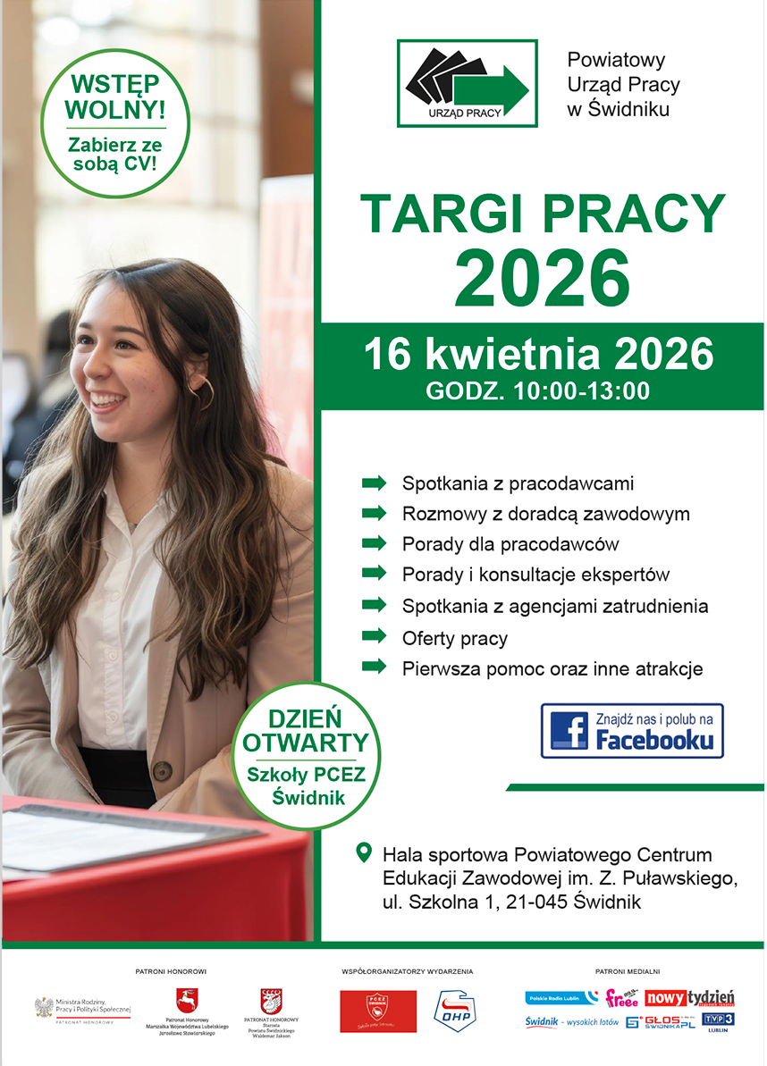 Plakat przedstawia informację o targach pracy 2026 które odbędą się 16 kwietnia 2026 w godzinach 10:00-13:00.