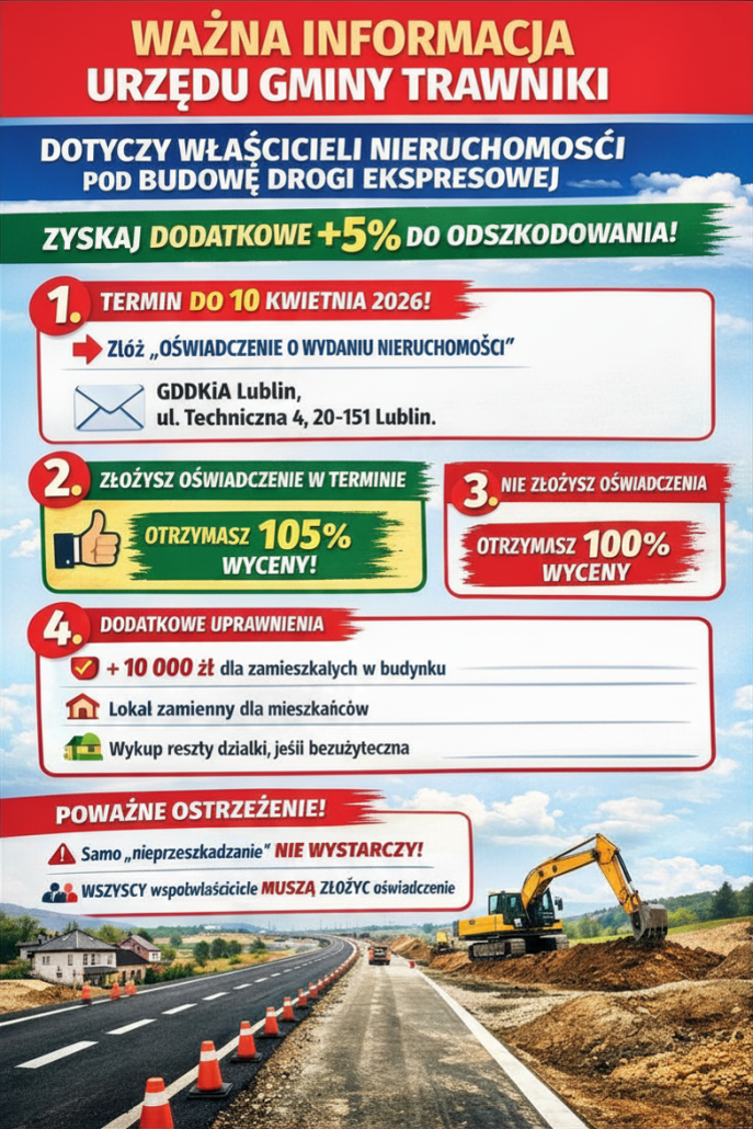 Informacja Urzędu Gminy Trawniki dotycząca właścicieli nieruchomości pod budowę drogi ekspresowej